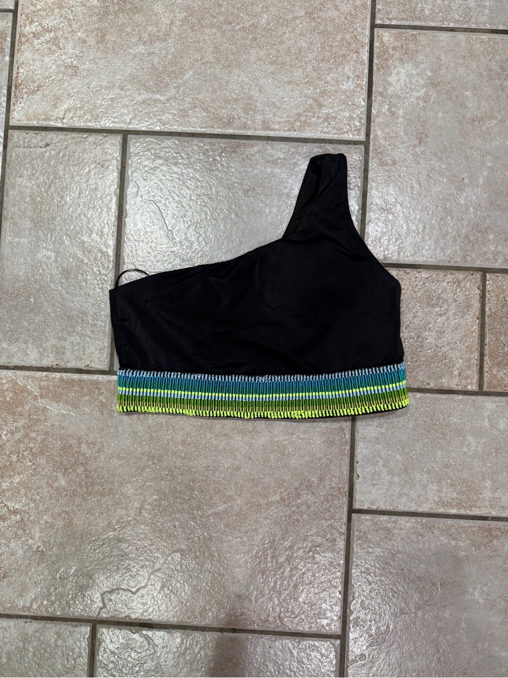 Peixoto Black One-Shoulder Bikini Top with Blue & Green Trim. Sturdy/thick band